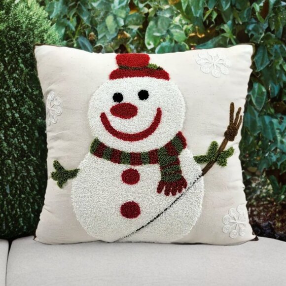Snowman Pillow Cover Christmas Decor Embroidered Holiday Xmas Accent Throw Case - Picture 1 of 11